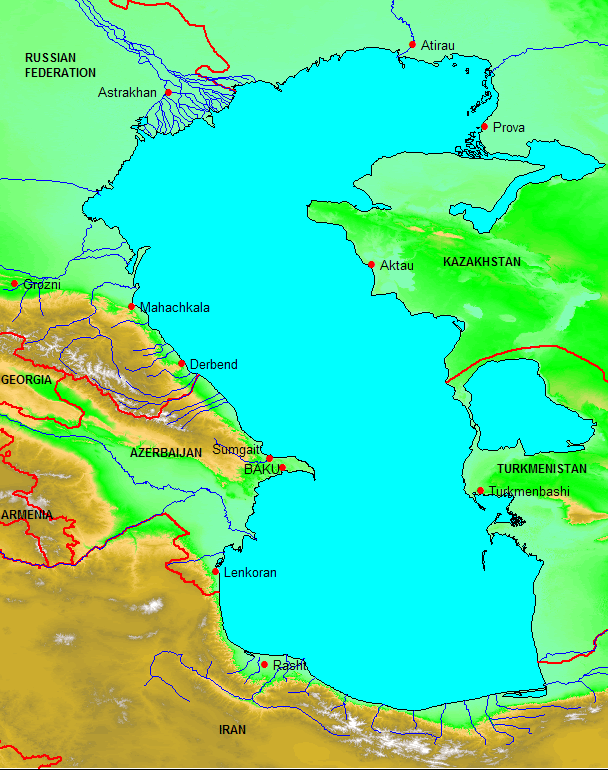 Data sources:  Elevation derived from SRTM-3, with national boundaries from Digital Chart of the World,  coastline and rivers from the Caspian Environment Programme. Map generated by Ken Campbell using MapInfo and Vertical Mapper 